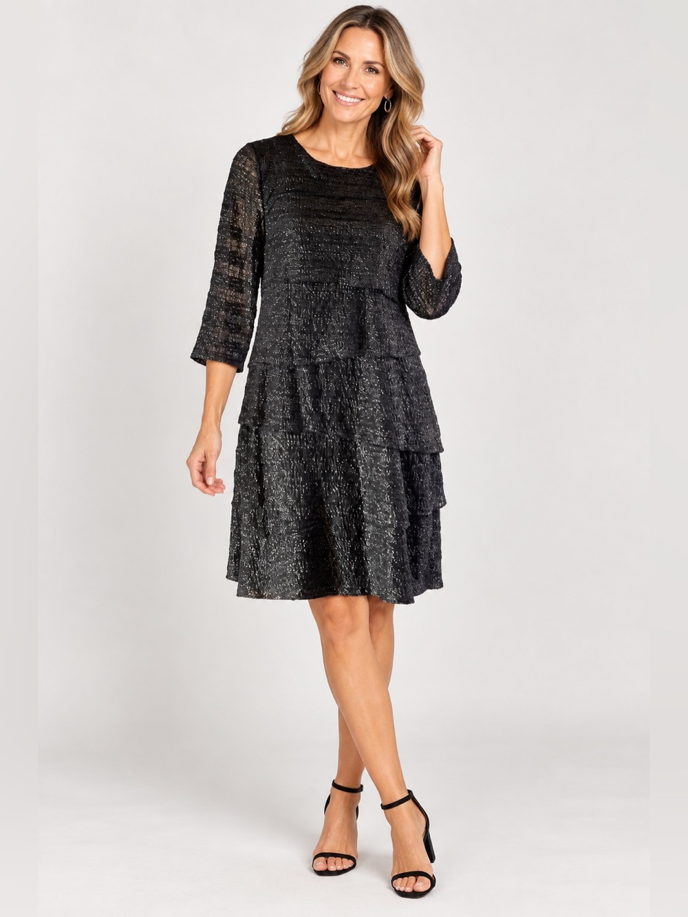chicos cocktail dresses Chico’s sz L (2) black stretch ruffled tiered dress with sparkle Size:34W Discount Applicable Finn 44